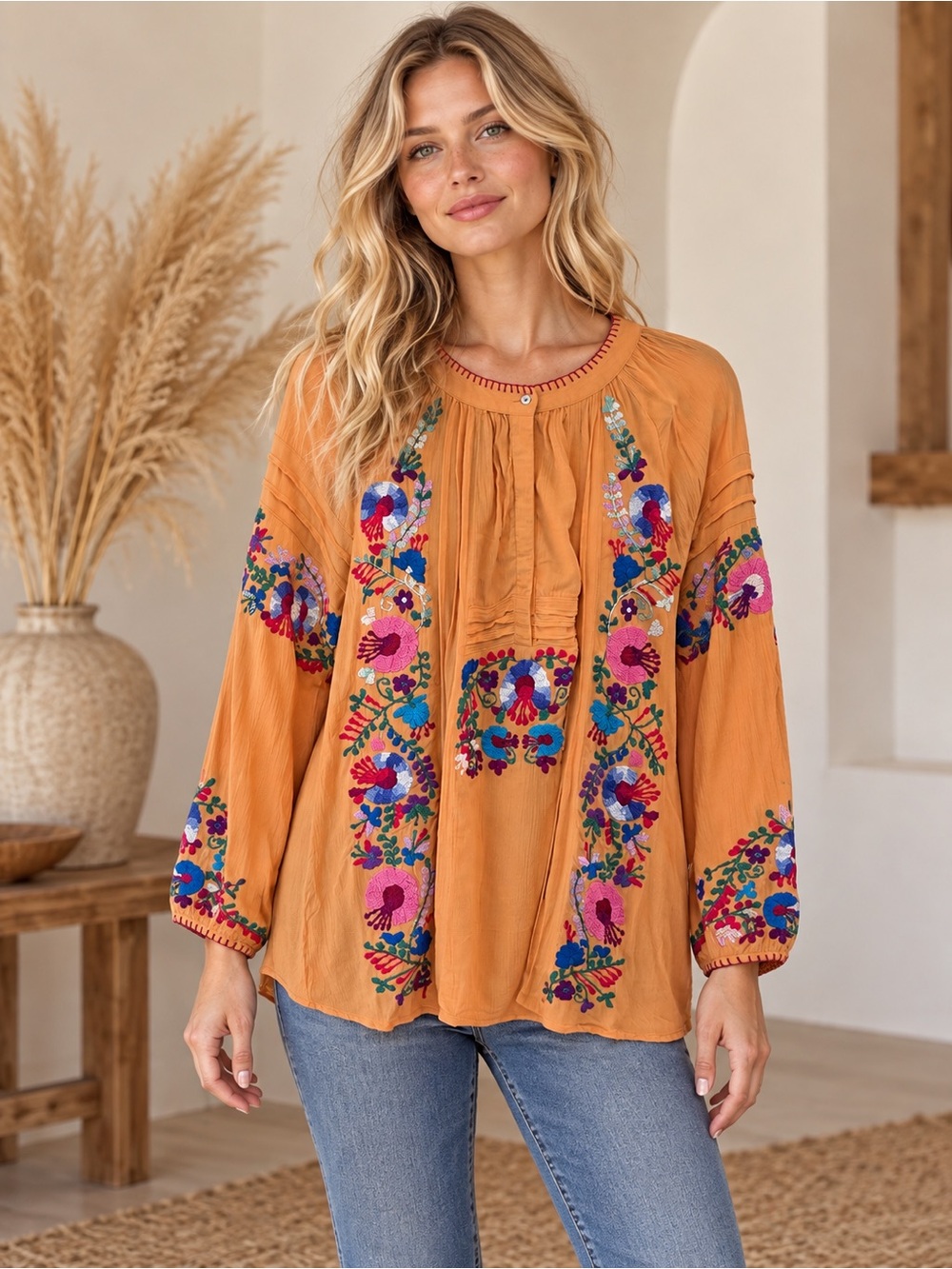 Sundance Mustard Yellow Embroidered with Pink and Blue Flowers Peasant Blouse